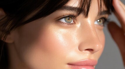 real skin from minimal beauty routine Close-up portrait of a young woman with natural makeup and captivating green eyes, exuding confidence and beauty.
