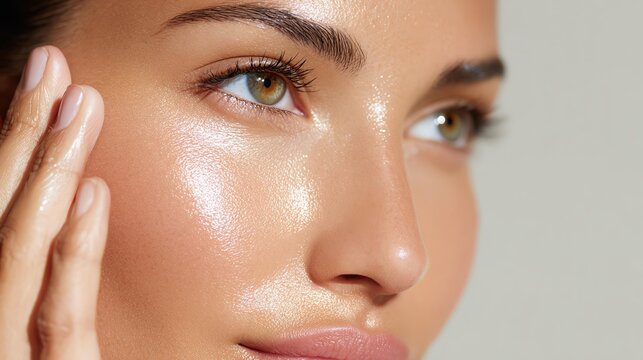 real skin from minimal beauty routine Close-up of a woman's beautifully glowing skin, showcasing a fresh and radiant complexion with natural shine.