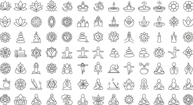Collection of yoga and meditation themed line art icons featuring lotus flowers candles and human figures in poses
