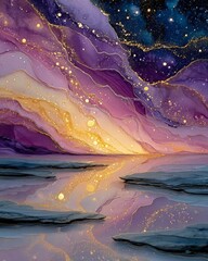 A stunning abstract illustration depicting colorful swirling patterns with golden accents and a shimmering reflection on water