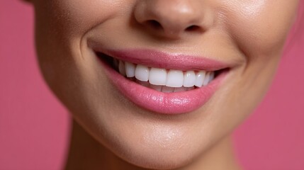 Naklejka premium Radiant Smile and Healthy Teeth: A close-up shot of a radiant smile, showcasing healthy, perfectly aligned teeth and beautiful, full lips, radiating happiness and vitality against a plain backdrop.