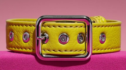 A vibrant yellow collar featuring a shiny metal buckle with studded details