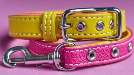 Colorful pet collar with yellow and pink leather design and metal buckle