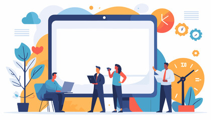Team Collaboration in Modern Office Setting with Digital Devices and Creative Workspace Elements