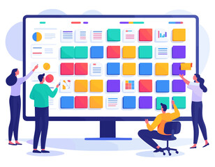 Diverse Team Collaborating on Digital Project Management with Colorful Interface on Large Screen Display