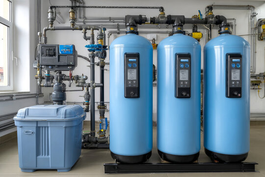 Modern water softener system with electronic control unit and salt tank in a boiler room, purifying water