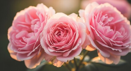Three soft pink roses in close-up, bathed in golden sunlight
