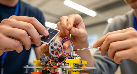 Two students collaboratively assemble a small, intricate robotic device powered by a miniature solar panel, demonstrating hands-on learning in STEM.