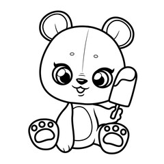 Cute cartoon baby bear with ice cream outlined for coloring page on a white background