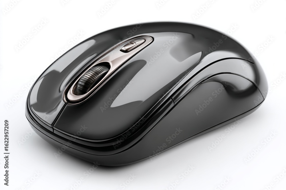 Poster shiny black wireless mouse with scroll wheel is ready for clicking and scrolling