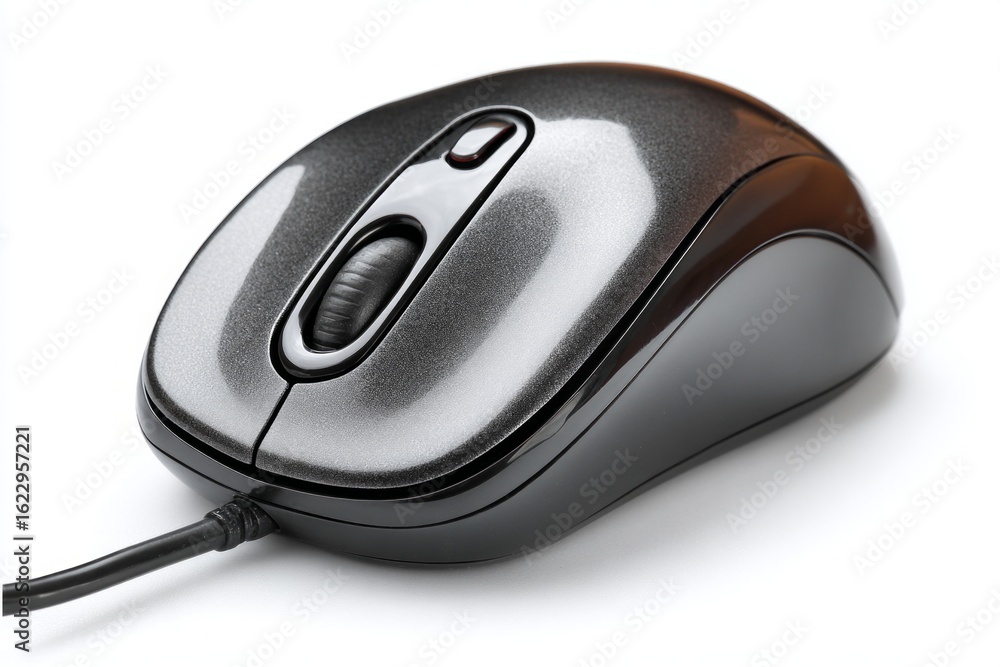 Poster modern gray wireless computer mouse resting on a plain white background