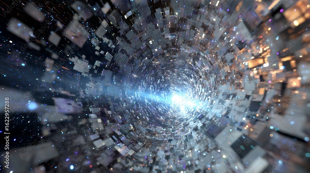 Poster futuristic abstract tunnel with light speed effect, a mesmerizing journey through a digital realm of