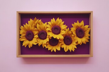 A group of handcrafted sunflower blossoms in a wooden frame.