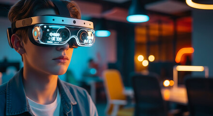 Young person wearing a futuristic virtual reality headset with glowing digital displays in a modern, blurred tech office environment.