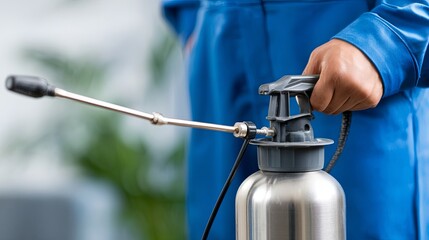 Obraz premium Pest Control Worker Using Insecticide Sprayer Indoors