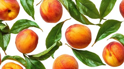 Fresh Juicy Peaches with Green Leaves on White Background