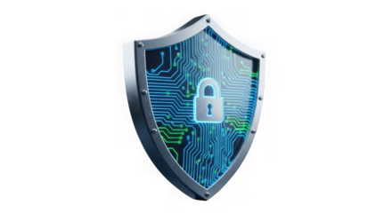 Ai generated image of digital shield with lock symbol and circuit board isolated on transparent background