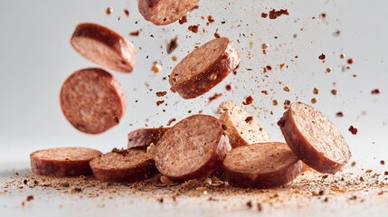 Sliced Smoked Sausage with Spices in Motion
