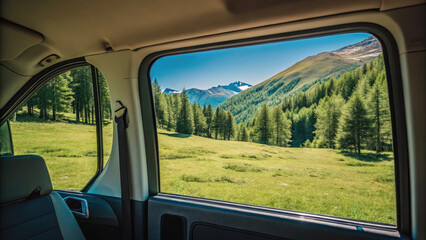 Mountain scenery view from inside a campervan concept. Scenic view from a vehicle showcasing picturesque mountains.