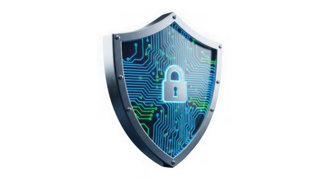 Ai generated image of digital shield with lock symbol and circuit board isolated on transparent background