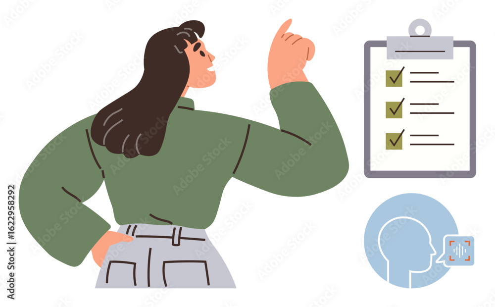 Poster woman pointing at checklist with completed tasks, emphasizing organization and communication. ideal 