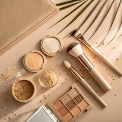 Elegant arrangement of makeup brushes and cosmetics on a warm neutral background with palm leaf accent