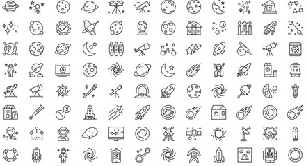 Collection of space exploration and astronomy icons featuring planets rockets and telescopes in outline style