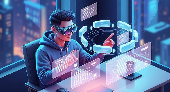 A young man wearing futuristic VR glasses interacts with glowing holographic data interfaces in a modern office overlooking a neon city.