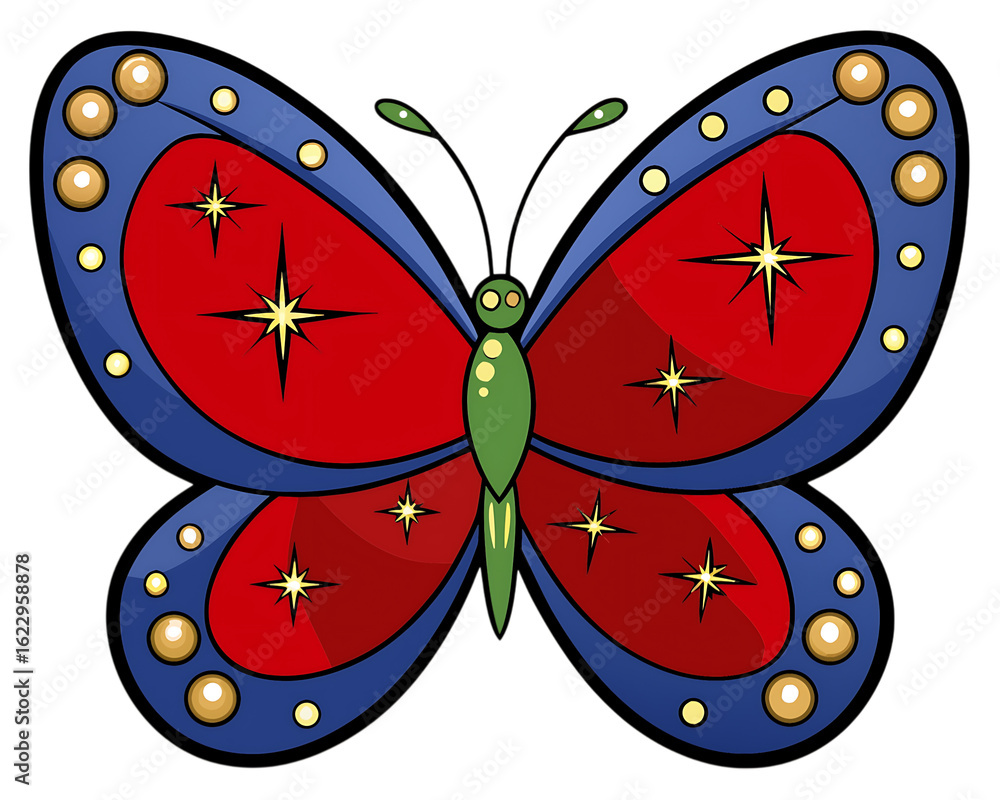 Poster illustration of a colorful butterfly with red wings adorned with stars and blue borders with dots cr