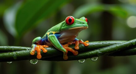Vibrant red-eyed tree frog perched on a vine