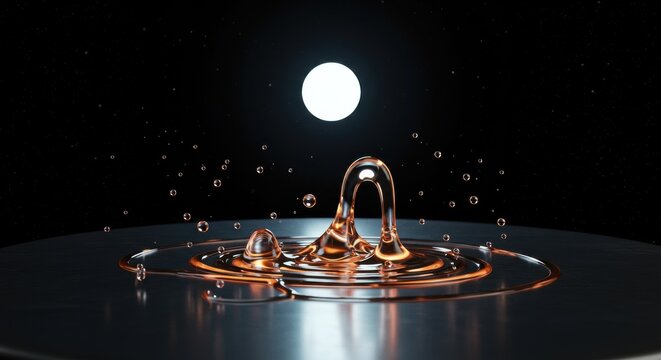 Liquid Gold Abstract Water Droplet Impact with Moonlit Background