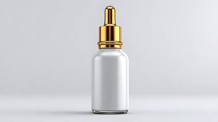 Naklejka premium Frosted white serum bottle with luxurious gold dropper cap, set against minimalist background, exuding elegance and sophistication