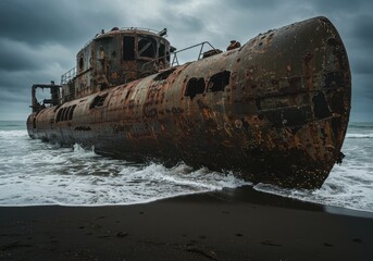 Rusted Shipwreck on a Black Sand Beach