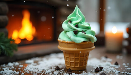 Slow motion: A scoop lands in a waffle cone—soft thud, slight wobble.