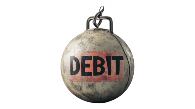 Heavy ball marked with debit hangs against an transparent background in a gritty setting