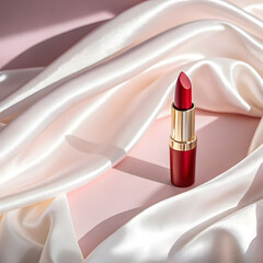 Elegant red lipstick rests on luxurious flowing satin fabric with soft pink backdrop and dramatic shadows