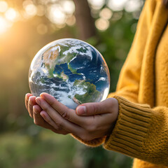 Person wearing a yellow sweater holds a glowing crystal ball showing planet earth in their hands