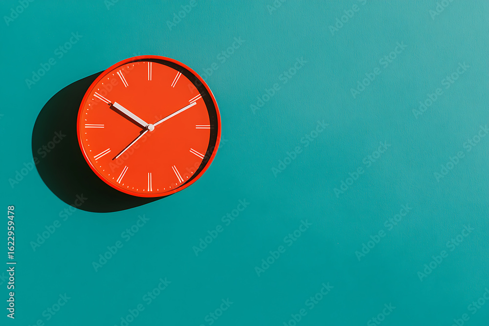 Poster stylish orange clock on a teal wall, showing the time. a bright and simple object contrasting agains