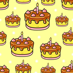 Bright and cheerful birthday cake pattern on a yellow background.