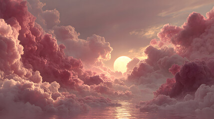 Romantic cinematic sky in crimson and rose hues with golden hour light and dreamy clouds