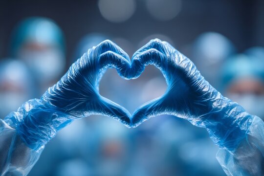 Surgeon making heart shape with hands wearing blue medical gloves in operating room showing love and care