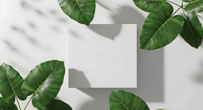 White pedestal on white background with leaves