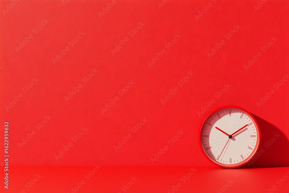 Poster clock on red background: a simple, minimalist image of a clock against a bold red backdrop, creating