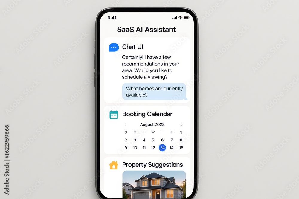 Poster saas ai assistant interface helping user with property recommendations, booking calendar, and smart 