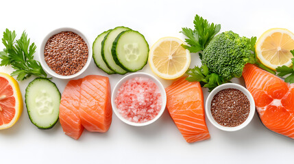 Fresh salmon fillets, cucumber slices, lemon, broccoli, and flaxseeds are arranged on white background, showcasing healthy and vibrant clean eating concept
