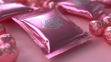 Glossy pink sachet with rose design is surrounded by similarly colored wrapped items, creating cohesive and elegant aesthetic. image exudes sense of luxury and femininity
