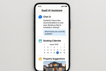 SaaS AI assistant interface helping user with property recommendations, booking calendar, and smart chat UI
