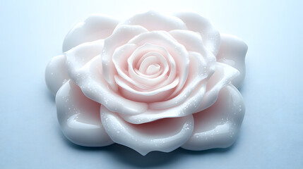 Delicate, glossy white rose sculpture with soft pink hues and dewdrops on petals, set against light background, evokes sense of elegance and purity