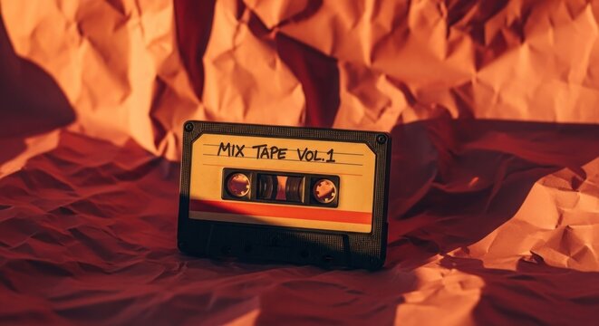 Vintage mix tape on wrinkled coral paper