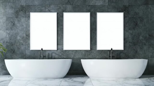 Modern bathroom with empty frames and tubs